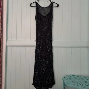 Scala Black Beaded Dress V-neck Sleeveless Cowl Back